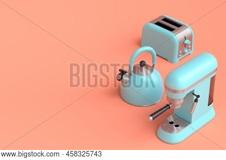 Kettle, Toaster, Coffee Machine With Horn And Multicooker On Coral Background
