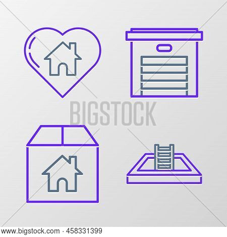 Set Line Swimming Pool With Ladder, Cardboard Box House, Garage And House Heart Shape Icon. Vector