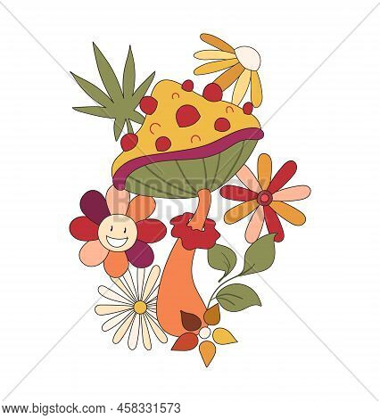 Groovy 70s Retro Poster Template, Retro Vibes Mushroom, Flower, Smiling Face Pre-made Print, Rainbow