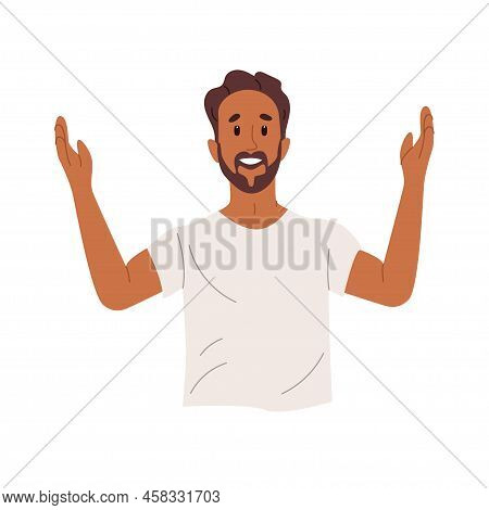 Young Man Looking Up And Praises God With Open Hands. Happy Guy With Beard Raises His Arms To The Sk