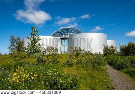 Reykjavik, Iceland - July 4, 2022 Wide View Of The Perlan Is A Prominent Landmark, Originally Hot Wa