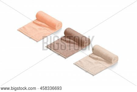 Blaank Colored Twisted Big Towel Mockup, Side View, 3d Rendering. Empty Beige, Brown And Orange Dry 