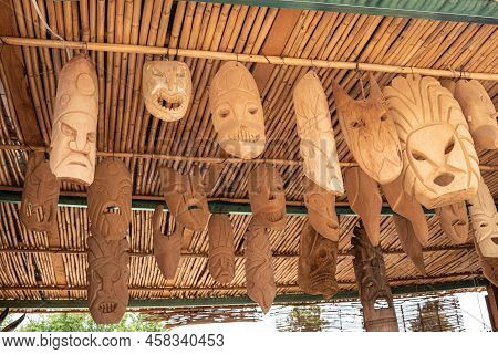 San Martin Tilcajete, Oaxaca, Mexico- May 25, 2022: Wooden Masks Hanging At A Store In San Martin Ti
