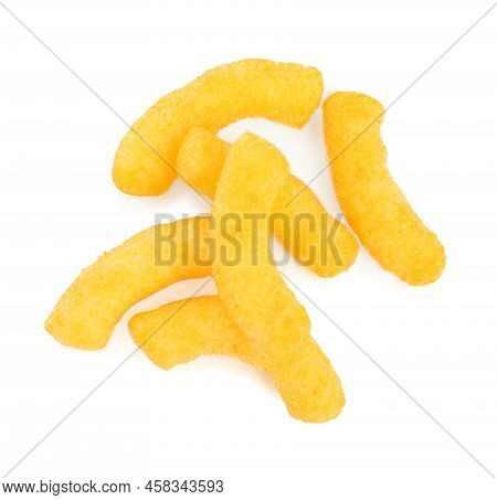 Many Tasty Cheesy Corn Puffs Isolated On White, Top View