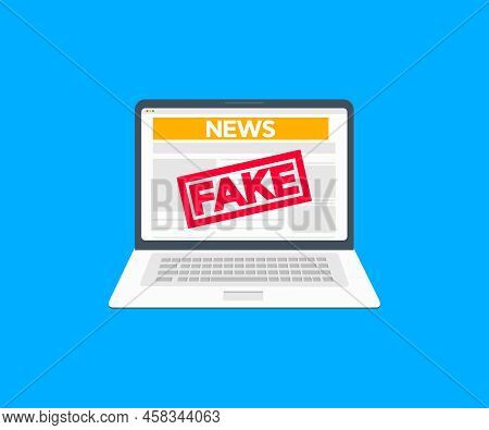Fake News Website On Laptop Screen Logo Design.  World Global News, Fake World News, Economy, Busine
