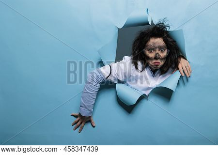 Crazy Laughable Scientist With Amusing Expression, Dirty Face And Messy Hair Acting Funny After Fail