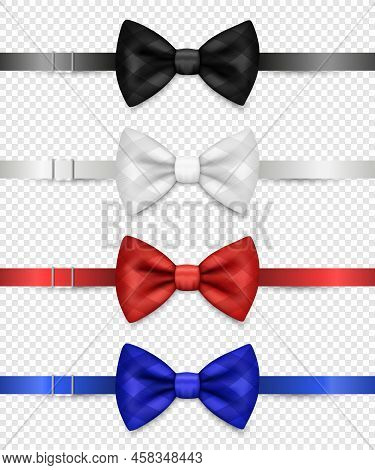 Vector 3d Realistic Black, White, Red, Blue Checkered Bow Tie With Clasp Set Isolated. Silk Glossy B