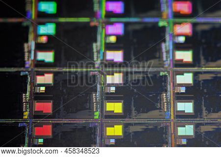 Silicon Monocrystalline Wafer With Microchips After Photolithography Etching Manufacturing Used In F