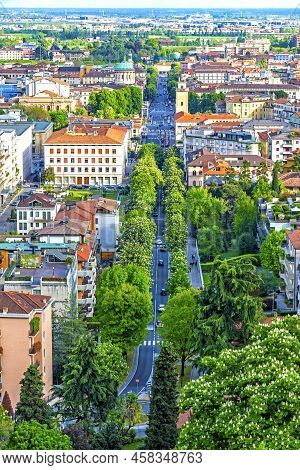 Aerial Springtime Panorama Of Bergamo City, Lombardy Province, Italy. Picturesque Skyline View Of Be