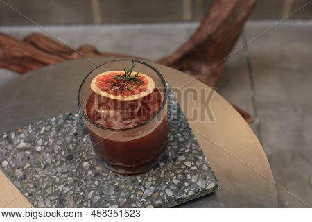 Espresso Mocktail Based On Coffee And Juice. Creative New Exotic Cocktail Drinks A Combination Of Co