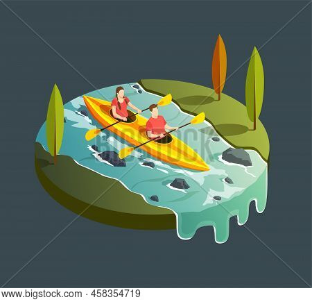 Camping Hiking Isometric Icons Composition With Round View Of Mountain Stream River And Paddleboat W