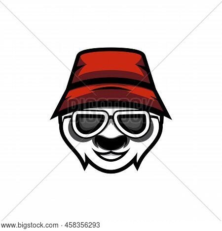 Panda head vector illustration. cool panda head\\nwearing an orange hat and pink glasses on a blue background