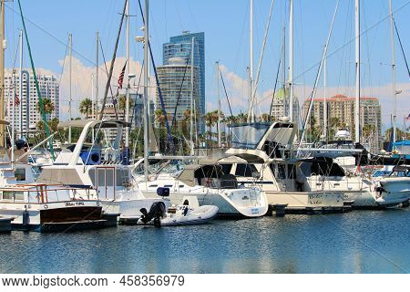 July 18, 2022 In Long Beach, Ca:  Yacts And Sailboats Docked At The Long Beach, Ca Marina With The D