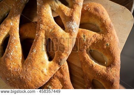 A Traditional French Pastry Fougasse. Top View. Flat Lay.
