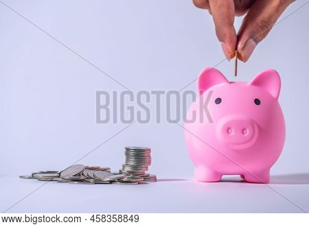Save Money And Account Banking For Finance Concept, Piggy Bank With Coin On Blurred Background, Save