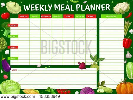 Weekly Meal Planner, Raw Ripe Vegetables Food Plan Schedule, Vector Eating Organizer. Weekly Meal An