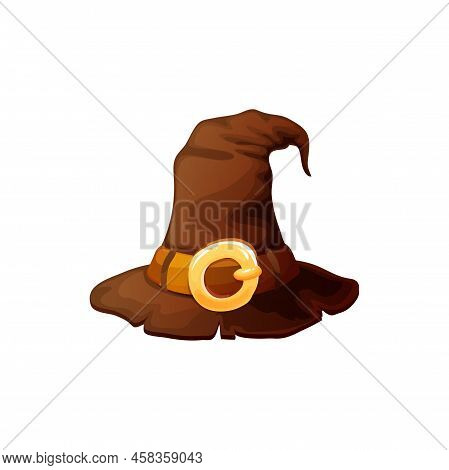 Brown Old Witch Hat, Wizard Magician Sorcerer Old Warn Cap Isolated Cartoon Headwear Item. Vector Wi