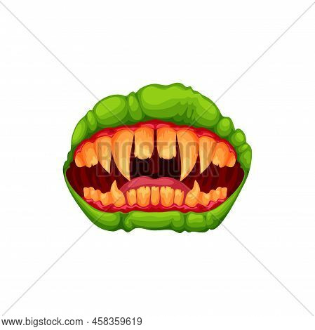 Monster Mouth, Creepy Zombie Or Alien Jaws With Sharp Teeth Isolated Cartoon Icon. Vector Tongue, Gr