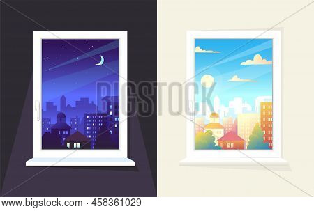 Day And Night Window. Morning Sun View And Moon Time City Background. House Building. Apartment Land