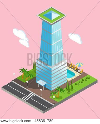 Isometric Futuristic Sky Scraper From Glass With Environment Infrastructure On Pale Pink Background 
