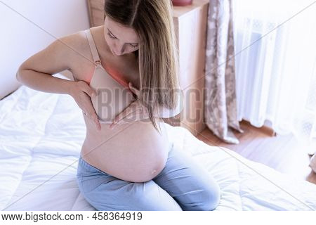 Breast Pain Self Exam. Young Pregnancy Woman Examining Breast For Signs Lumps. Breast Self Exam. Hea