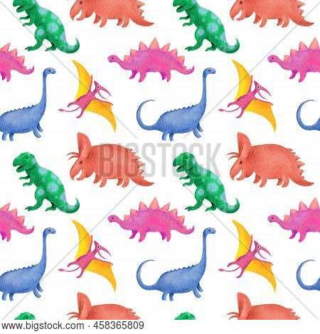 Dinosaurus Seamless Pattern. Chidish Design With Lovely Prehistoric Dino In Pastel Colors. Watercolo