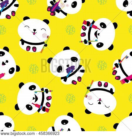 Kawaii Panda Kids Dental Health Care Vector Educational Seamless Pattern Background. Cute Cartoon Be
