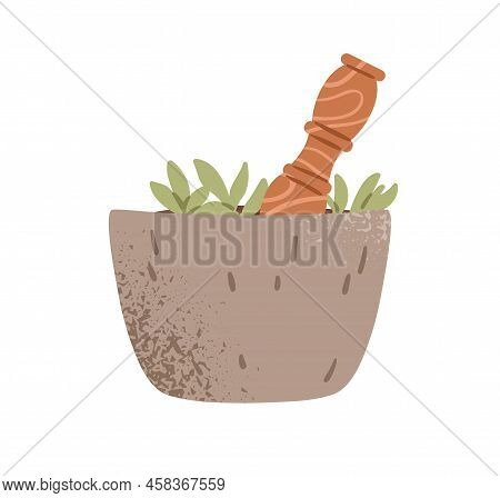 Grinding Herbs In Mortar With Pestle. Organic Natural Remedy From Herbal Leaf Plant In Bowl. Pistil 