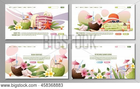Set Of Web Pages For With Summer Beach Accessories. Beach Theme, Tropical Vacation Concept For Web B