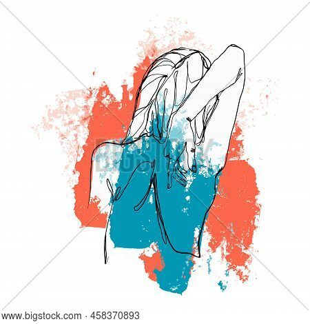 Silhouette Of A Female Figure From The Back. Black Linear Sketch With Colored Red And Blue Spots. Fe