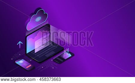 Web Page On A Laptop Screen, A Mobile Phone Is Lying, A Cloud, A Cloud Service Or An Application. Mo