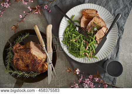 Leg Of Lamb With Rosemary, Green Beans And Bacon On Plate, Top View