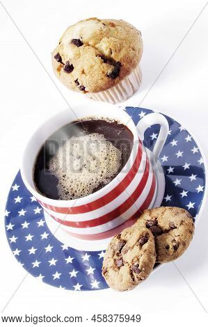 Cookies And Coffee In American Cup. White Background