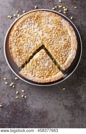 Italian Grandma's Cake Torta Della Nonna Pine Nut Custard Tart From Tuscany Closeup In The Plate On 