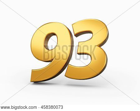 Gold Number 93 Ninety Three Isolated White Background. Shiny 3d Number Made Of Gold 3d Illustration