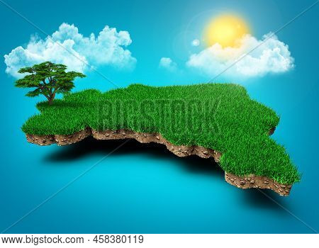 Brazil Map, Realistic 3d Map Of Brazilian Clouds Tree Sun Rays On Bright Blue Sky 3d Illustration
