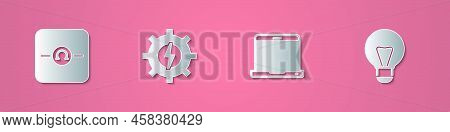 Set Paper Cut Ohmmeter, Gear And Lightning, Laptop And Creative Lamp Idea Icon. Paper Art Style. Vec