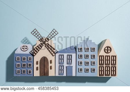 Traditional Souvenirs From Amsterdam Rows Of Delftware Porcelain Dutch Style Houses, Shop Window, Ne
