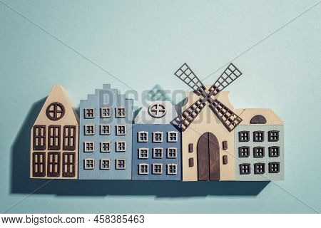 Traditional Souvenirs From Amsterdam Rows Of Delftware Porcelain Dutch Style Houses, Shop Window, Ne