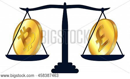 Gold Coin Of Bitcoin Btc And British Pound Gbp On Scales Isolated On White Background. Laws On Digit