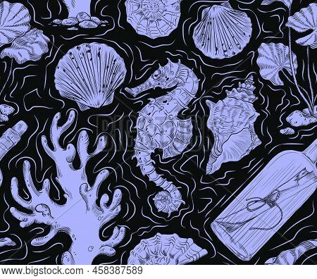 Vector Seamless Pattern On The Theme Of The Sea Depths. Ideal For Textile Printing, Wallpapers And P