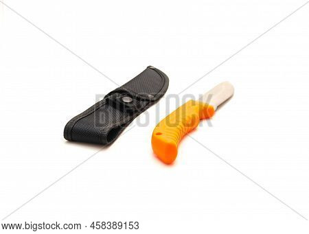Sheath And Deer Hunting Knife With Thermoplastic Rubber Orange Handle And Razor Sharp Stainless Stee