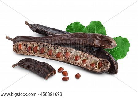 Ripe Carob Pods And Bean Isolated On White Background With Full Depth Of Field