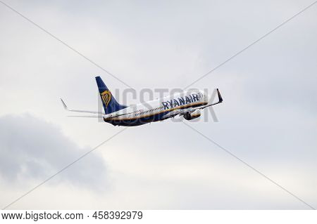 Ryanair Boeing 737-8as Airplane In The Sky. Flying Passenger Plane. Riga International Airport, Maru