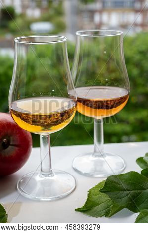 Tasting Of Strong Alcoholic Drink Calvados Made From Apples In Normandy, Calvados Region, France