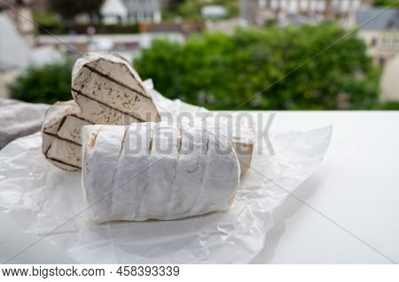 French Cheeses Heartshaped, Squared And Cylindrical Neufchatel Cow Cheese With Mold On White Paper,
