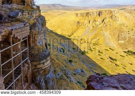 View Of Remains Of An Ottoman Fortress On A Cliff, And Mount Nitai, In Mount Arbel National Park, No