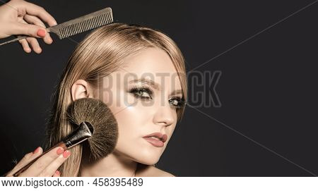 Makeup In Process. Female Portrait Isolated On Black. Fashion Make Up, Cosmetic. Closeup Portrait Of