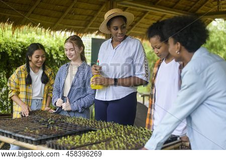Group Of Mixed Race Students And Teacher Learning Agriculture  Technology In Smart Farming , Educati