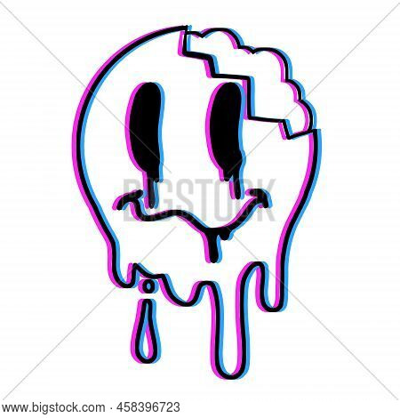Acid Smile Face. Melted Rave And Techno Symbol Of 90s. Trendy Psychedelic Print